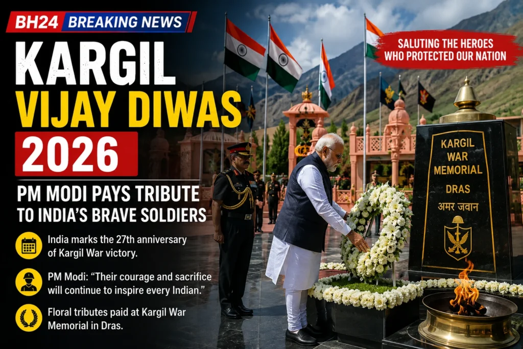 Prime Minister Narendra Modi pays tribute to Indian soldiers on Kargil Vijay Diwas 2026 as the nation marks the 27th anniversary of the Kargil War victory.