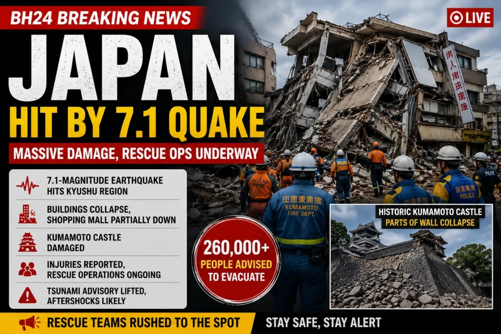 Rescue teams respond after a powerful 7.1-magnitude earthquake struck Japan's Kyushu region, damaging buildings and disrupting transport.