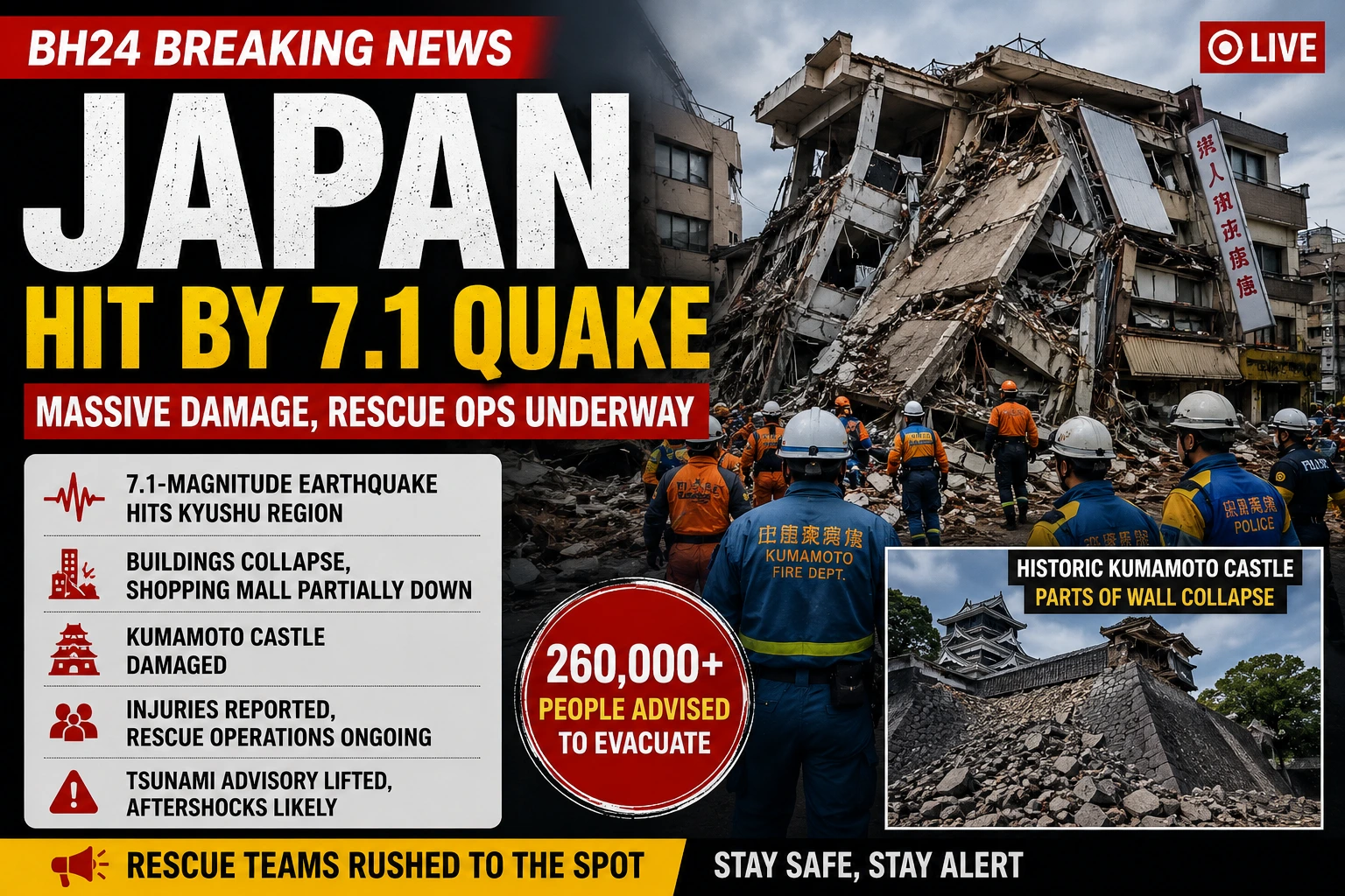 Rescue teams respond after a powerful 7.1-magnitude earthquake struck Japan's Kyushu region, damaging buildings and disrupting transport.