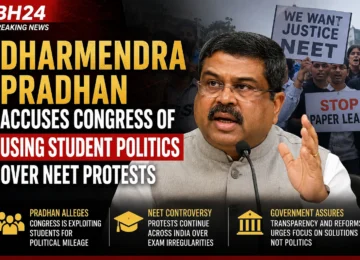Union Education Minister Dharmendra Pradhan addresses media while responding to Congress over student protests and the NEET controversy.