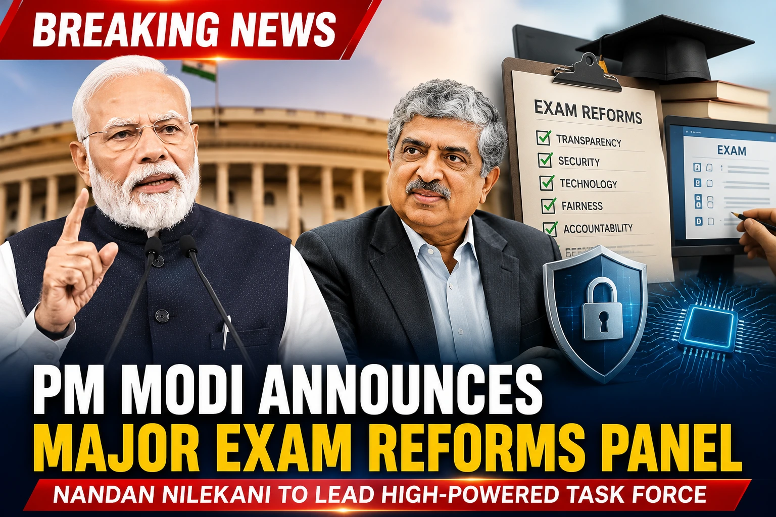 Prime Minister Narendra Modi announces a new exam reforms task force led by Nandan Nilekani to strengthen India's examination system.