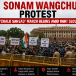 Sonam Wangchuk supporters gather in Delhi during the Chalo Sansad march amid heavy police security.