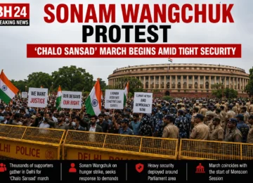 Sonam Wangchuk supporters gather in Delhi during the Chalo Sansad march amid heavy police security.