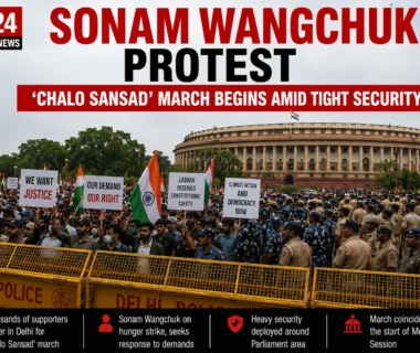 Sonam Wangchuk supporters gather in Delhi during the Chalo Sansad march amid heavy police security.