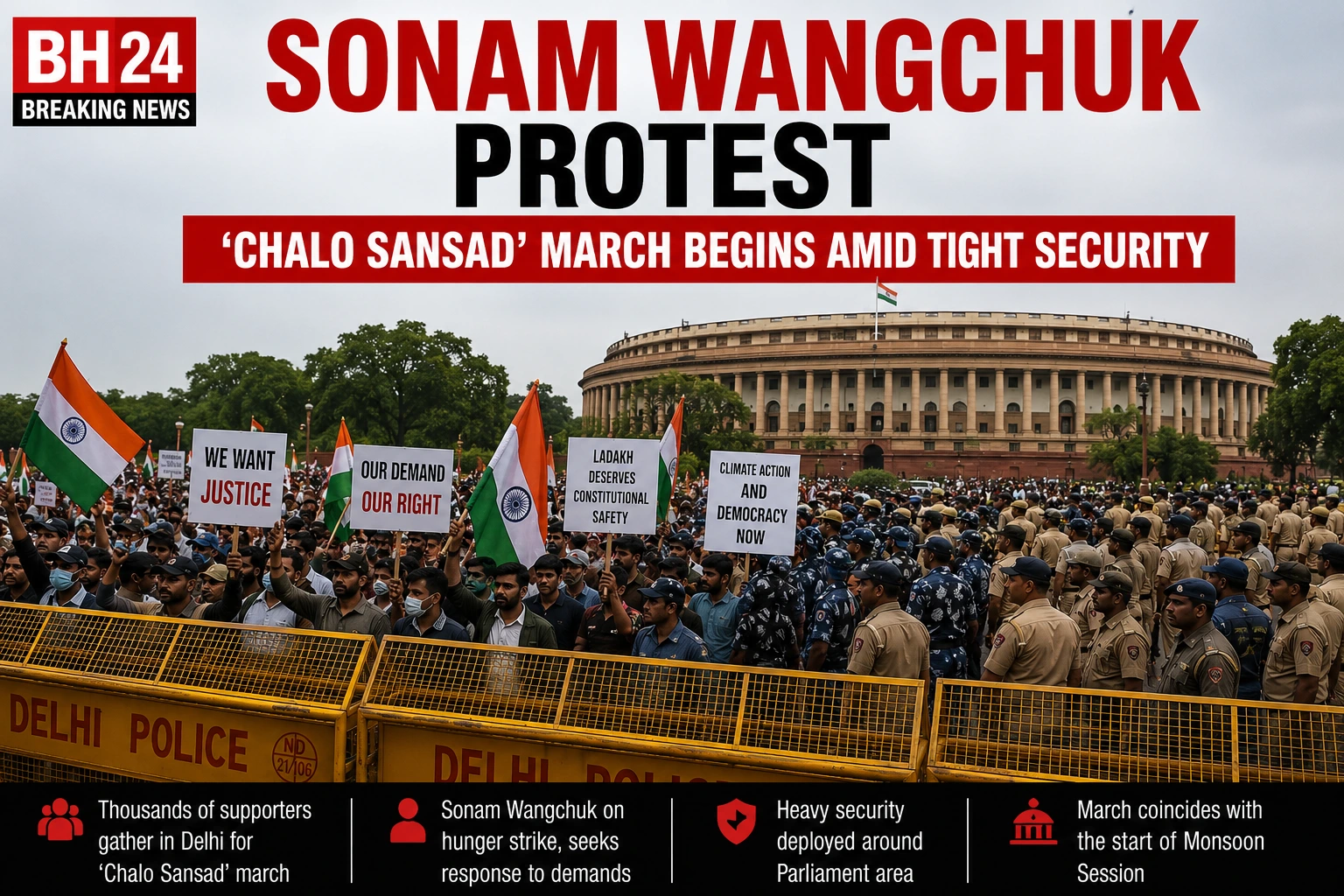 Sonam Wangchuk supporters gather in Delhi during the Chalo Sansad march amid heavy police security.