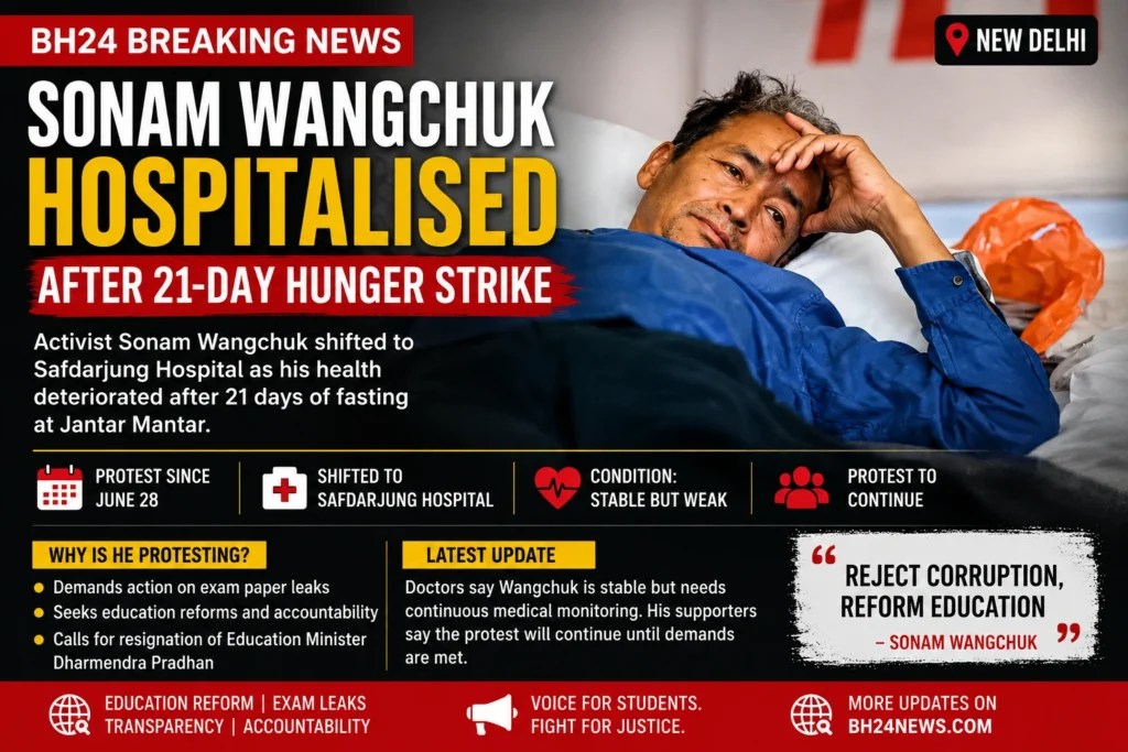 Sonam Wangchuk resting in a hospital bed after being hospitalised following his 21-day hunger strike at Delhi's Jantar Mantar over education reform and alleged exam paper leaks.