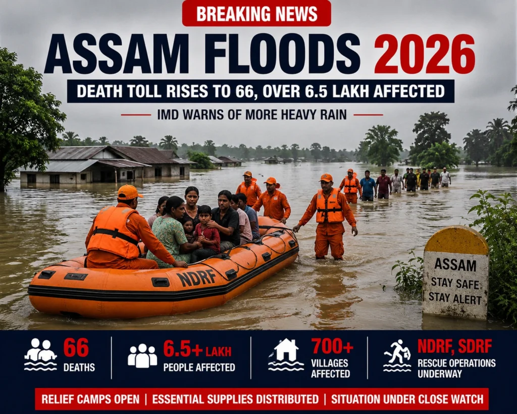Rescue teams evacuate residents from flood-affected villages in Assam as heavy monsoon rains continue and relief operations remain underway.
