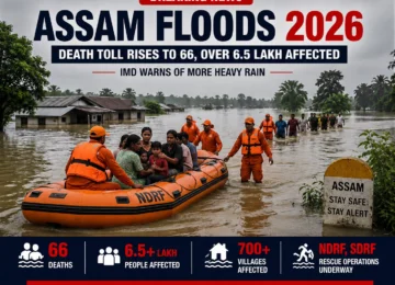 Rescue teams evacuate residents from flood-affected villages in Assam as heavy monsoon rains continue and relief operations remain underway.
