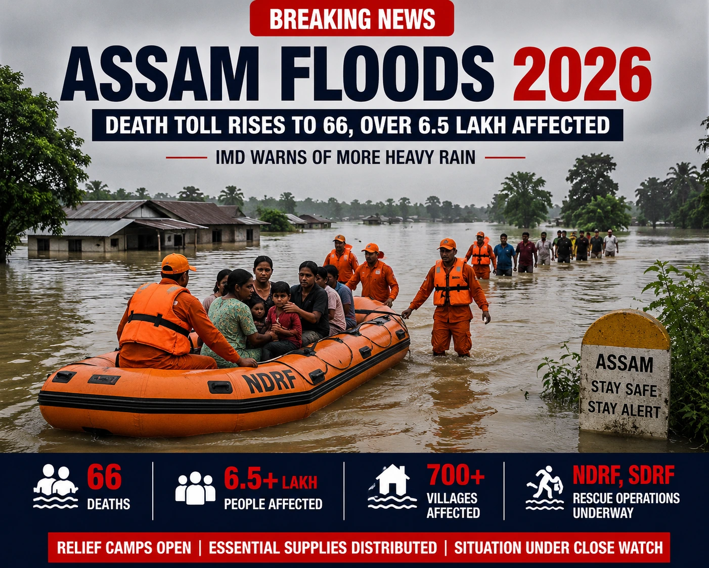 Rescue teams evacuate residents from flood-affected villages in Assam as heavy monsoon rains continue and relief operations remain underway.