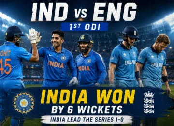 Cricket stadium representing the IND vs ENG 1st ODI where India defeated England by six wickets.