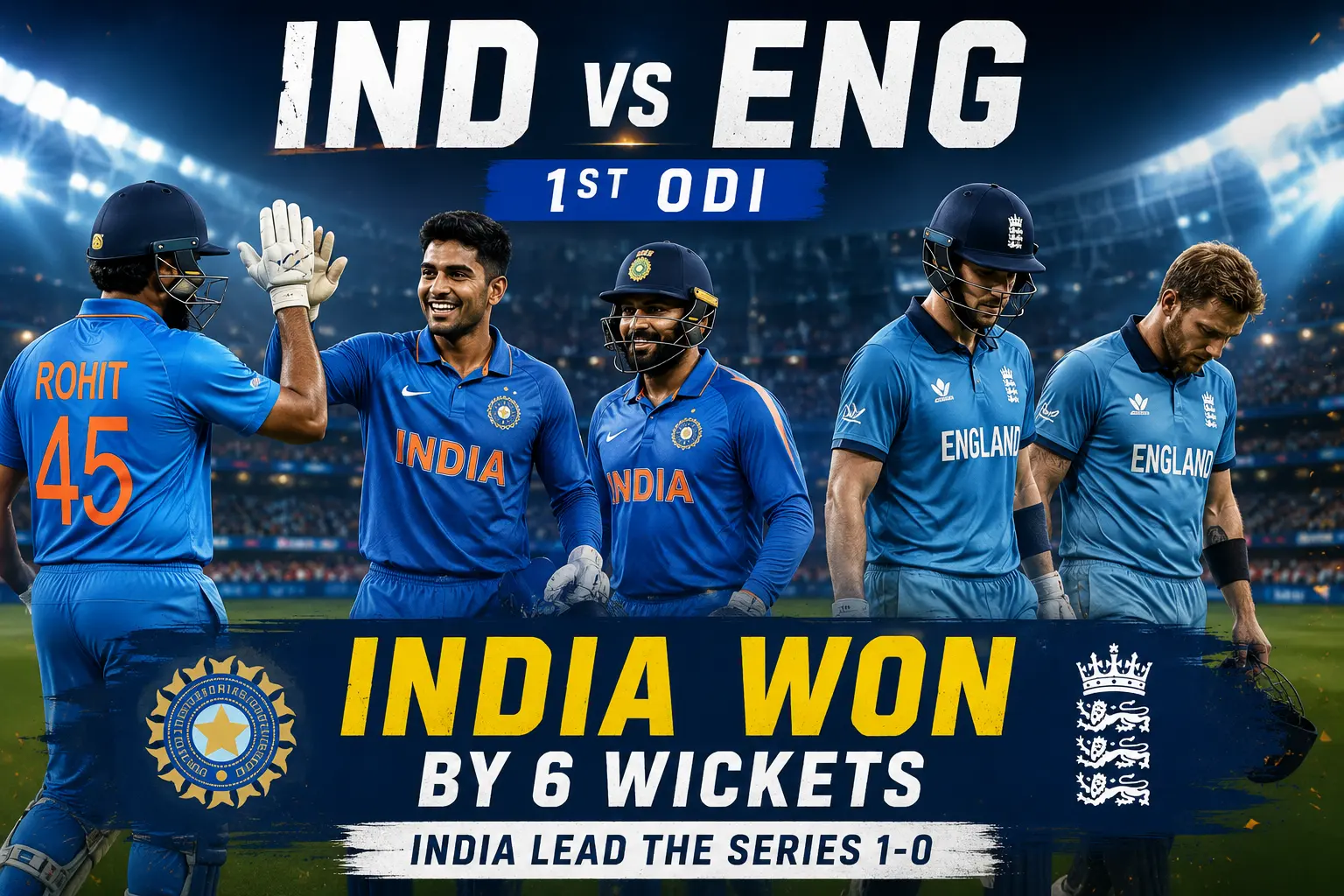 Cricket stadium representing the IND vs ENG 1st ODI where India defeated England by six wickets.