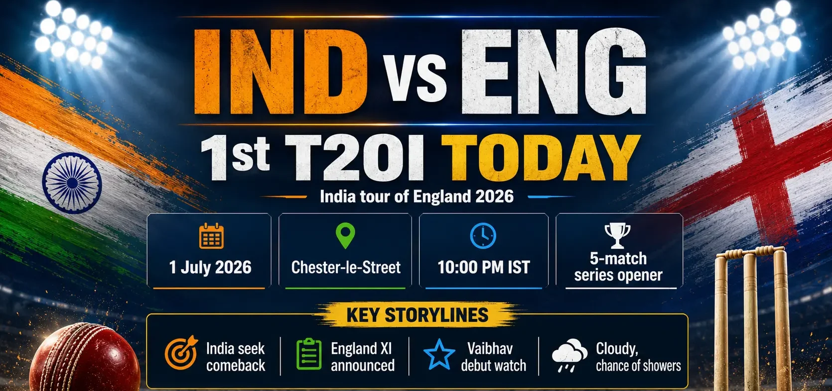 Ind vs Eng 1st T20I 2026 match preview with date, venue, match time, pitch report and key storylines