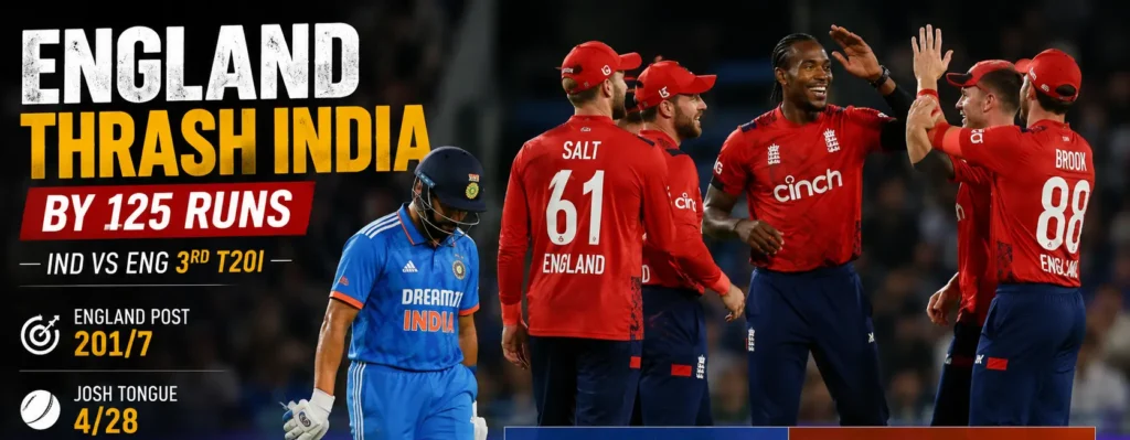 Ind VS Eng 3rd T20I as England celebrate a dominant 125-run victory over India at Trent Bridge.