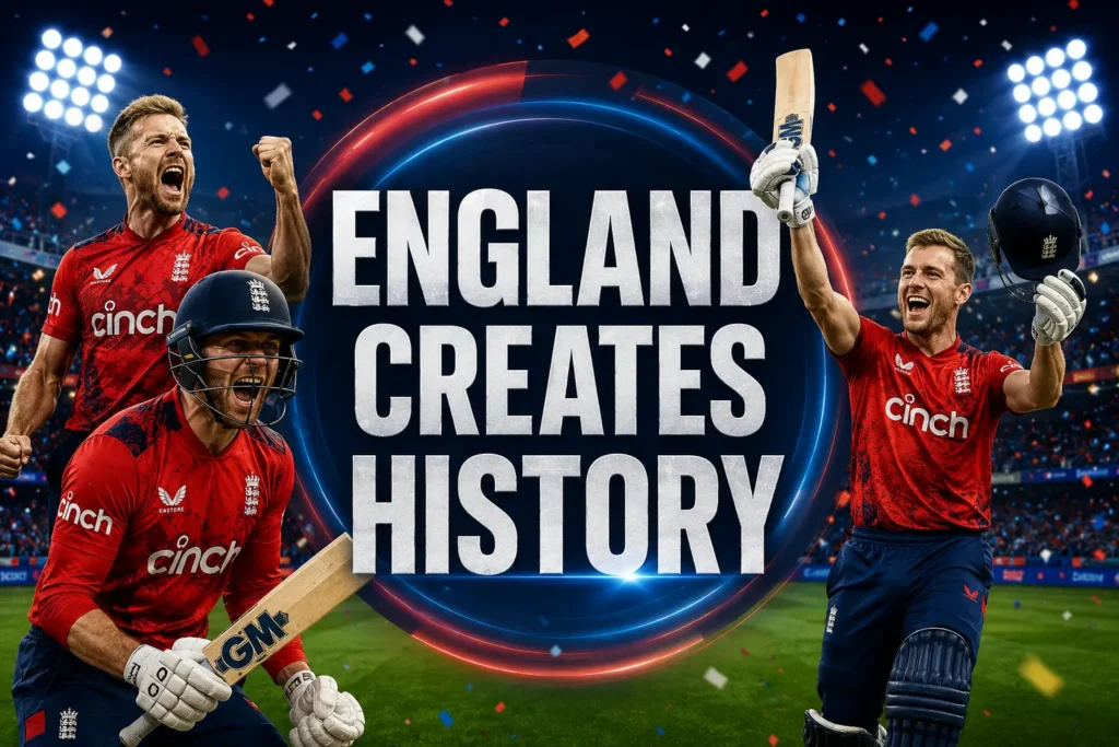 England players celebrate after defeating India in the IND vs ENG 4th T20I at Bristol to secure a historic T20I series win.