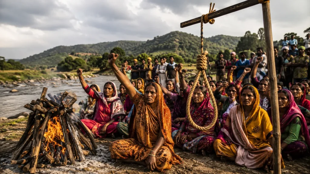 Ken-Betwa Project के खिलाफ चिता आंदोलन और फांसी सत्याग्रह करते आदिवासी परिवारों का प्रतीकात्मक दृश्य।