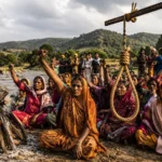 Ken-Betwa Project के खिलाफ चिता आंदोलन और फांसी सत्याग्रह करते आदिवासी परिवारों का प्रतीकात्मक दृश्य।