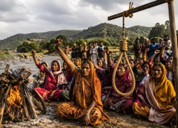 Ken-Betwa Project के खिलाफ चिता आंदोलन और फांसी सत्याग्रह करते आदिवासी परिवारों का प्रतीकात्मक दृश्य।