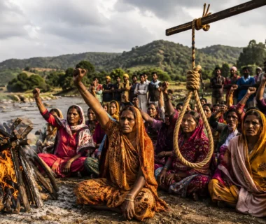 Ken-Betwa Project के खिलाफ चिता आंदोलन और फांसी सत्याग्रह करते आदिवासी परिवारों का प्रतीकात्मक दृश्य।