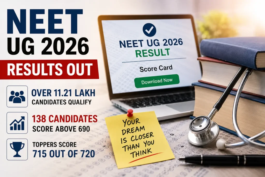 NEET UG 2026 Results representational image featuring a stethoscope, medical books and examination documents.