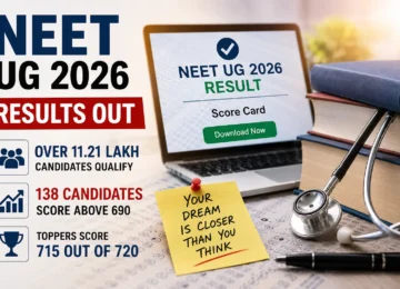 NEET UG 2026 Results representational image featuring a stethoscope, medical books and examination documents.