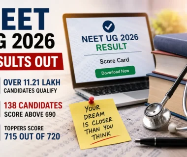 NEET UG 2026 Results representational image featuring a stethoscope, medical books and examination documents.