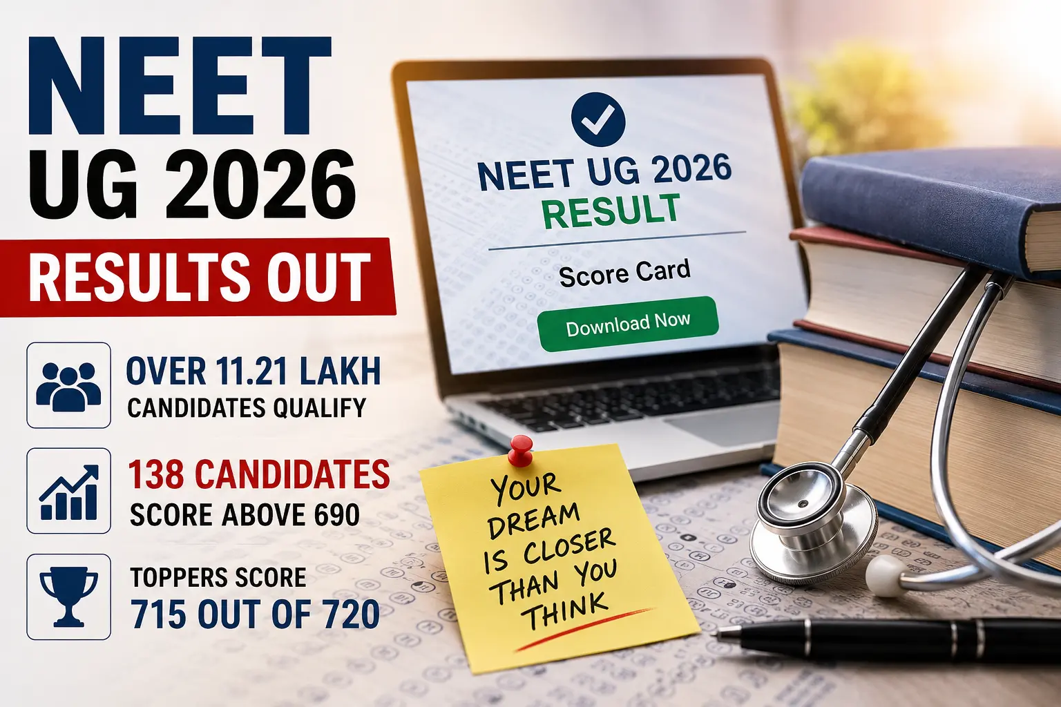NEET UG 2026 Results representational image featuring a stethoscope, medical books and examination documents.
