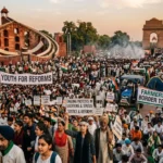 Massive ongoing protests in India showing a joint demonstration of Gen Z students from the Cockroach Movement and farmers with tractors near Jantar Mantar and India Gate in Delhi.