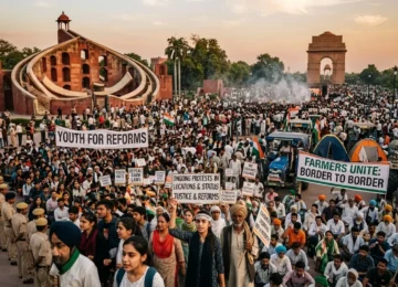 Massive ongoing protests in India showing a joint demonstration of Gen Z students from the Cockroach Movement and farmers with tractors near Jantar Mantar and India Gate in Delhi.