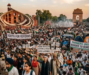 Massive ongoing protests in India showing a joint demonstration of Gen Z students from the Cockroach Movement and farmers with tractors near Jantar Mantar and India Gate in Delhi.