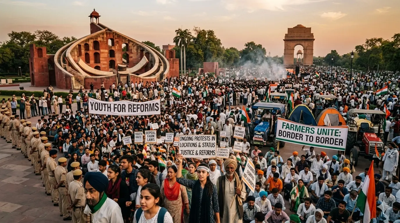 Massive ongoing protests in India showing a joint demonstration of Gen Z students from the Cockroach Movement and farmers with tractors near Jantar Mantar and India Gate in Delhi.
