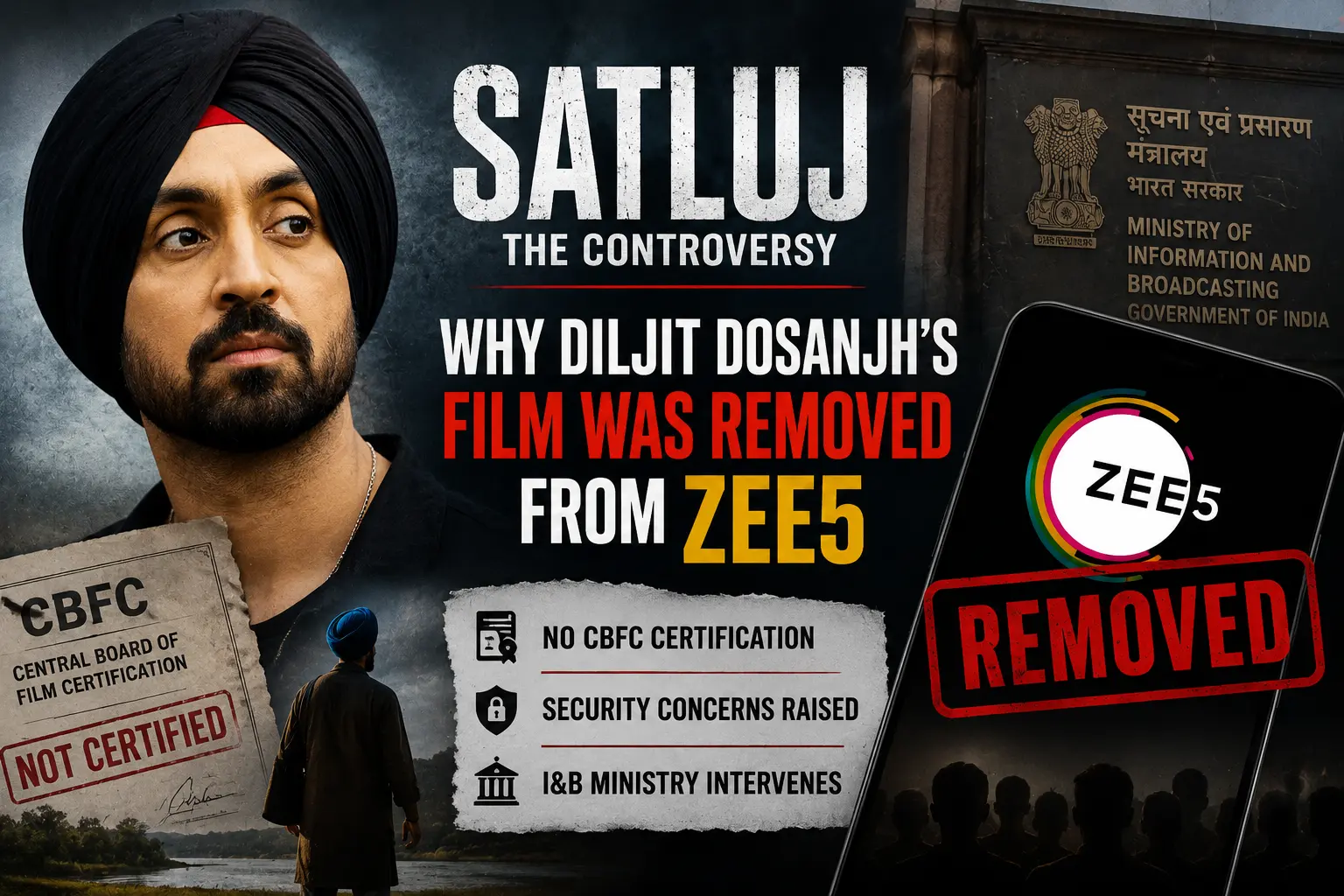 Poster-style representation of the Satluj Zee5 Removal controversy without depicting any verified real event.