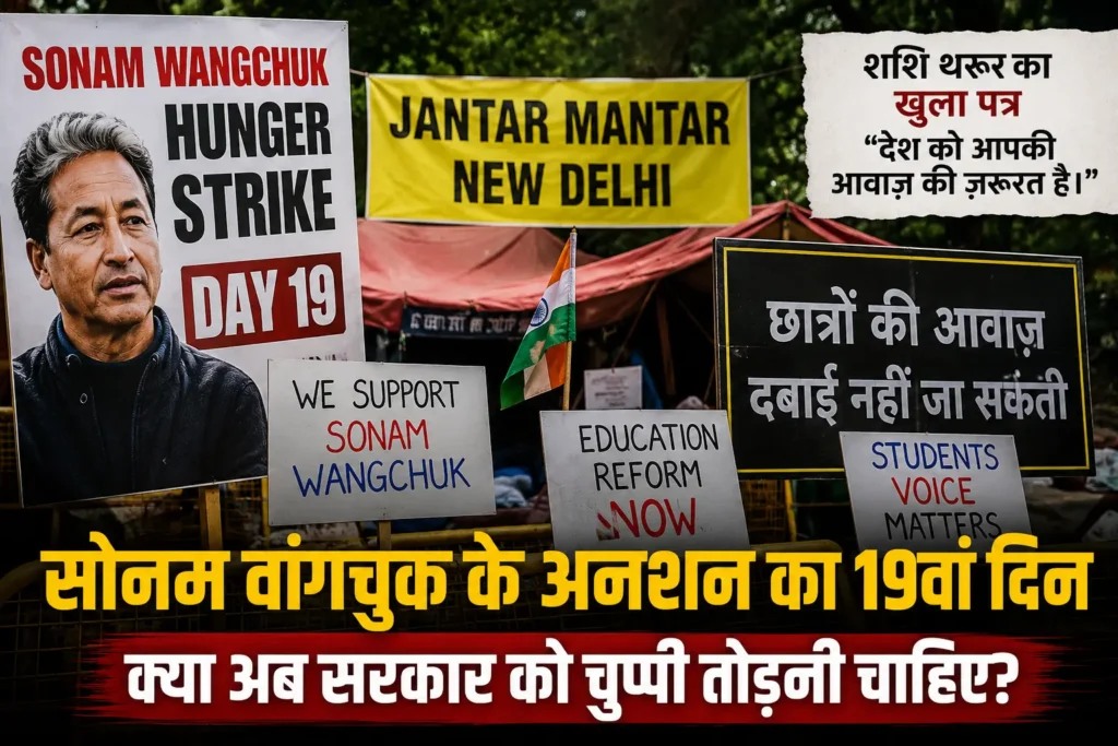 Sonam Wangchuk Hunger Strike protest at Jantar Mantar with symbolic protest setup.