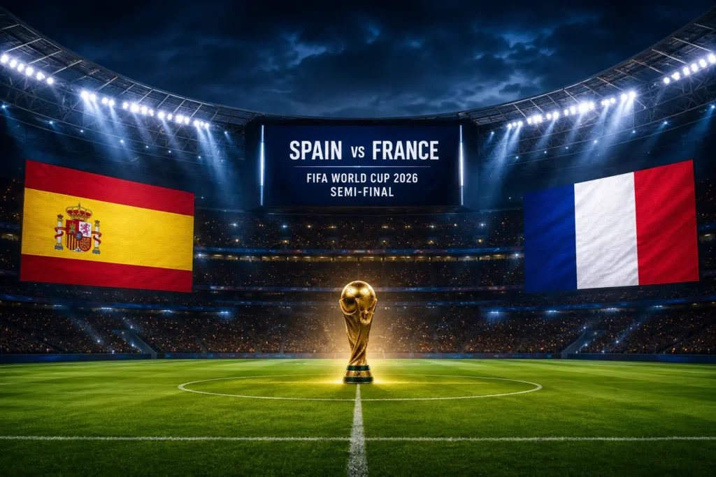 Spain vs France FIFA World Cup 2026 Semi-Final से पहले फुटबॉल स्टेडियम का सांकेतिक दृश्य।