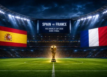 Spain vs France FIFA World Cup 2026 Semi-Final से पहले फुटबॉल स्टेडियम का सांकेतिक दृश्य।