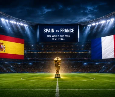 Spain vs France FIFA World Cup 2026 Semi-Final से पहले फुटबॉल स्टेडियम का सांकेतिक दृश्य।