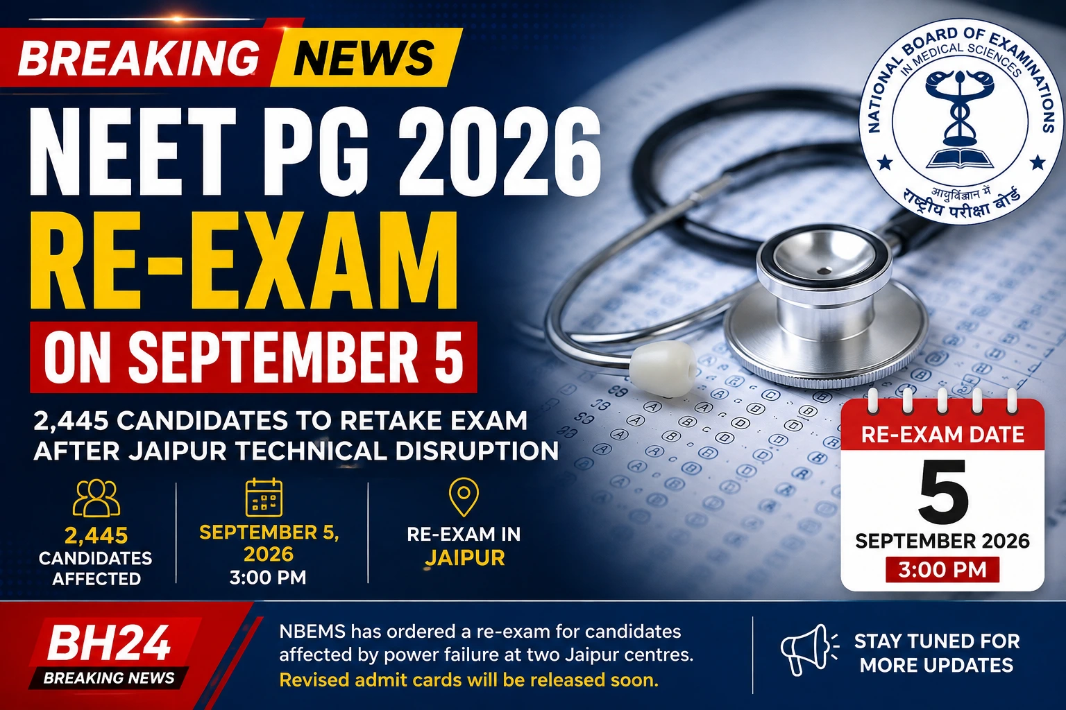 NEET PG 2026 re-exam on September 5 for 2,445 candidates affected by a technical disruption at Jaipur exam centres.