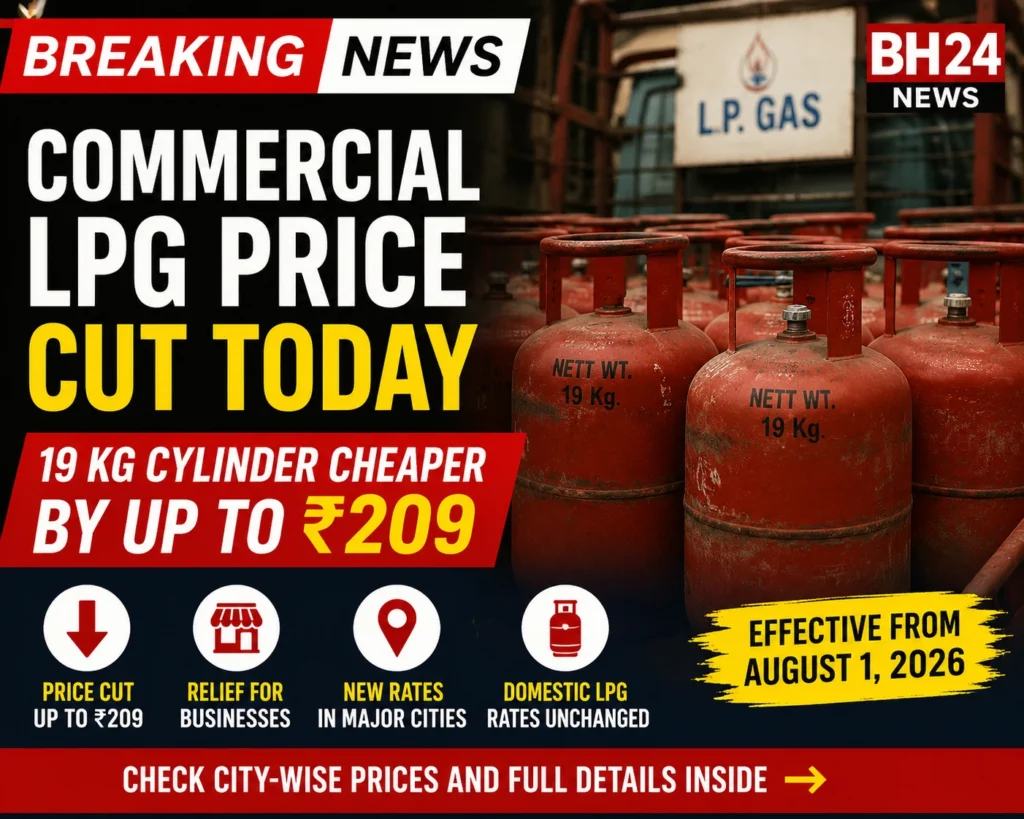 Alt Text: Breaking news graphic showing commercial LPG cylinders with the headline "Commercial LPG Price Cut Today," highlighting a price reduction of up to ₹209 for 19 kg commercial gas cylinders effective from August 1, 2026, while domestic LPG prices remain unchanged.