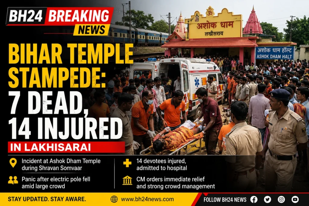 Devotees and emergency personnel at Ashok Dham Temple after a stampede-like incident in Lakhisarai, Bihar