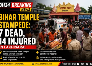 Devotees and emergency personnel at Ashok Dham Temple after a stampede-like incident in Lakhisarai, Bihar