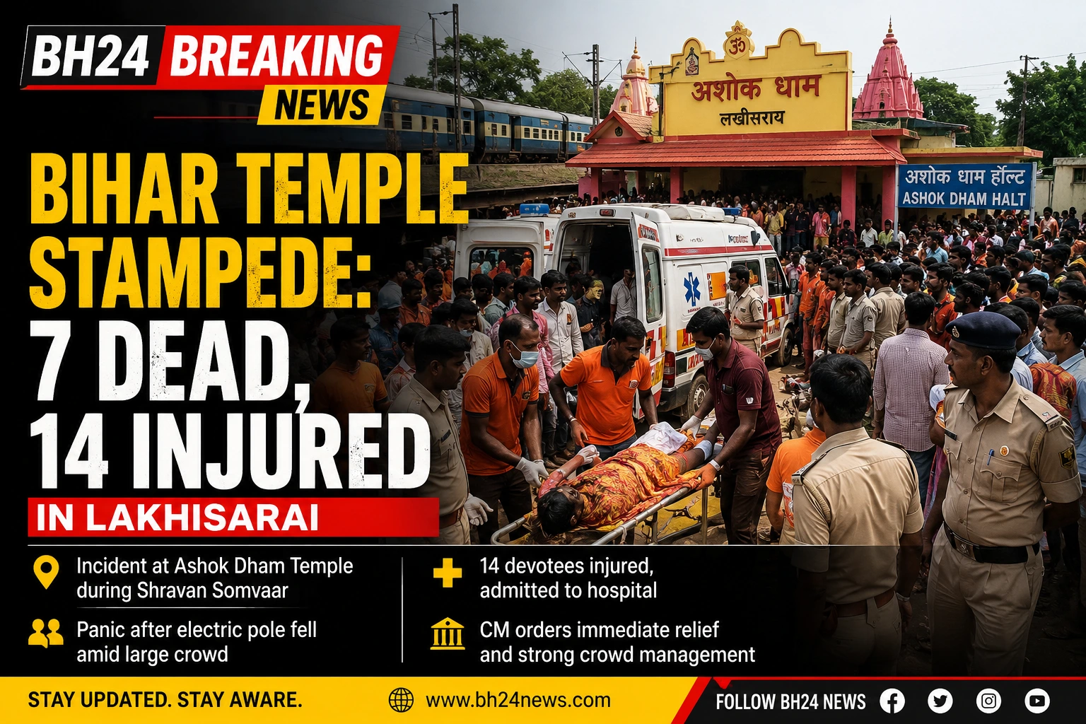 Devotees and emergency personnel at Ashok Dham Temple after a stampede-like incident in Lakhisarai, Bihar