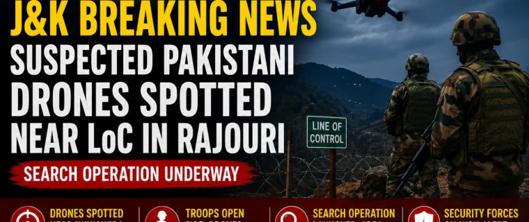 J&K breaking news as suspected Pakistani drones are spotted near the LoC in Rajouri, with security forces launching a search operation.