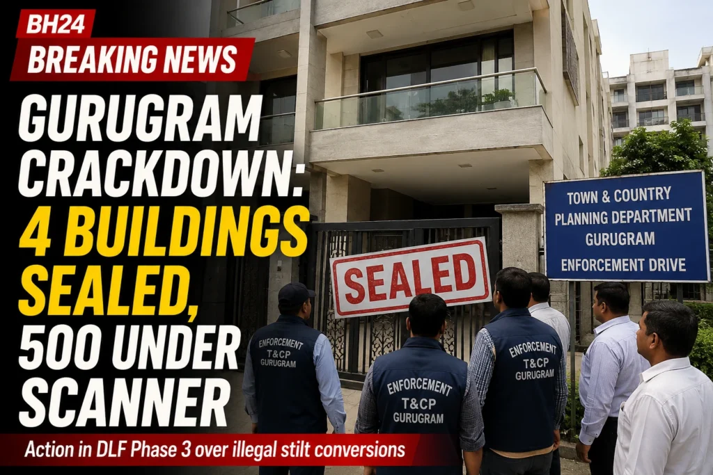Gurugram crackdown as four buildings are sealed in DLF Phase 3 over illegal stilt conversions, with 500 buildings under scrutiny.