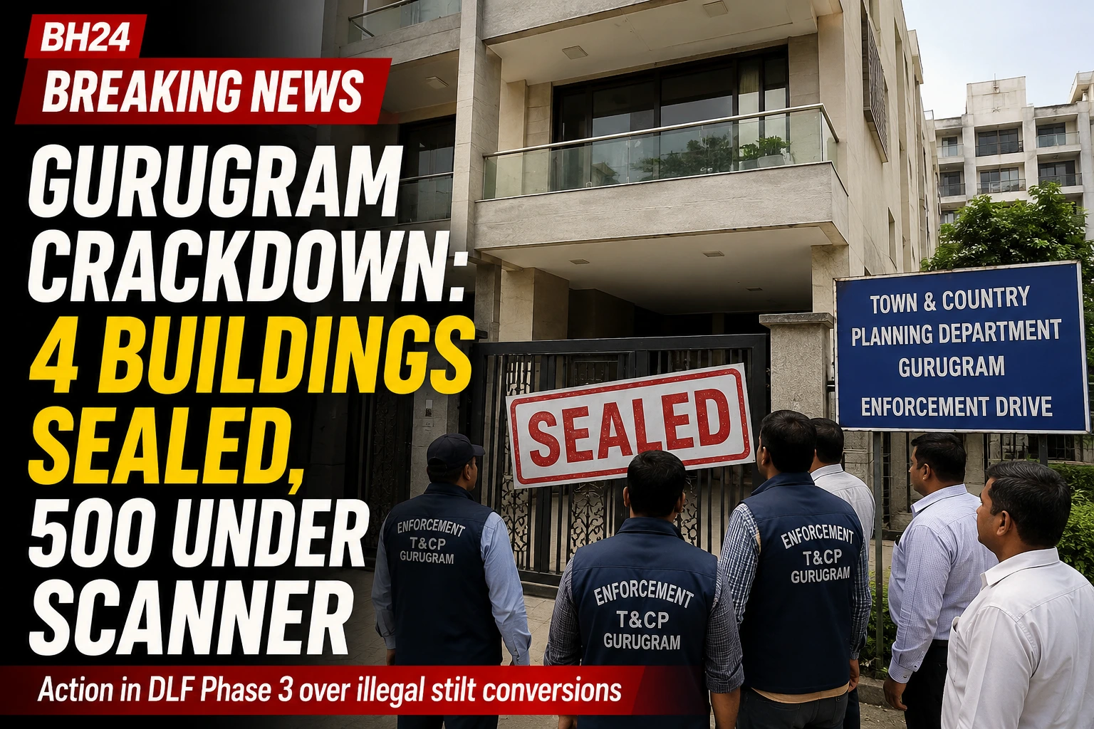 Gurugram crackdown as four buildings are sealed in DLF Phase 3 over illegal stilt conversions, with 500 buildings under scrutiny.