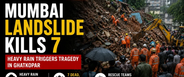 Mumbai landslide in Ghatkopar kills seven people, including three children, as NDRF teams conduct rescue operations after heavy rain.