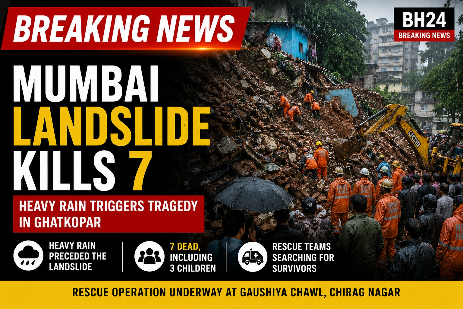 Mumbai landslide in Ghatkopar kills seven people, including three children, as NDRF teams conduct rescue operations after heavy rain.