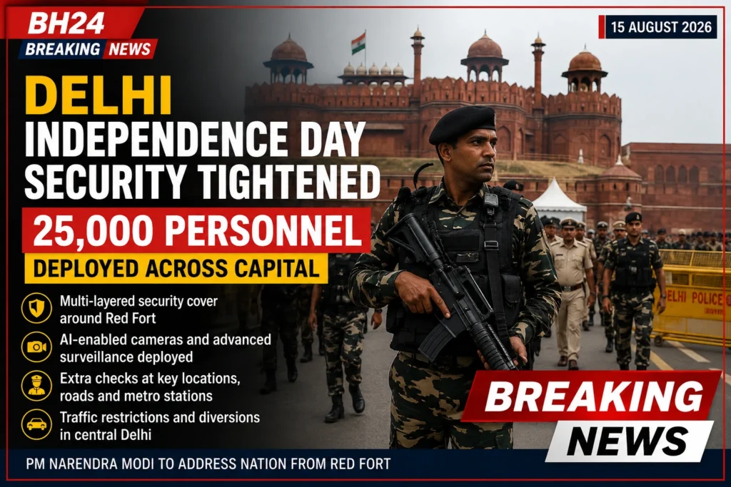 Delhi Independence Day security tightened with 25,000 personnel deployed across the capital, including heavy security around the Red Fort