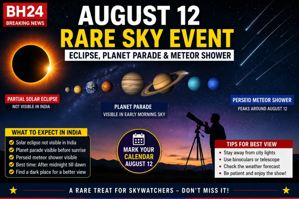 August 12 Rare Sky Event showing a planet parade, Perseid meteor shower, and partial solar eclipse in a dramatic night sky.