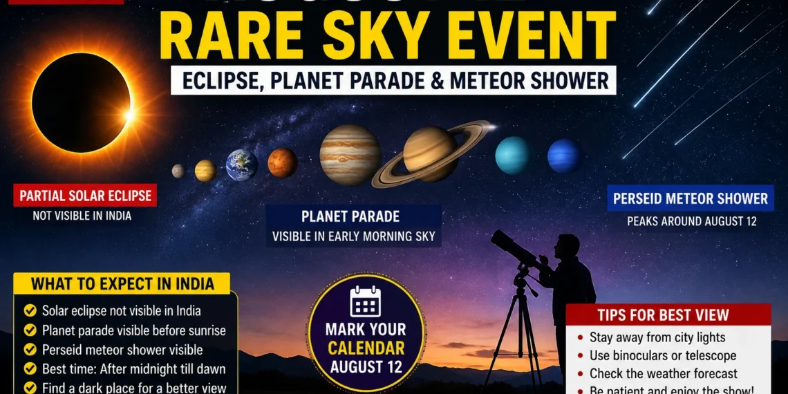 August 12 Rare Sky Event showing a planet parade, Perseid meteor shower, and partial solar eclipse in a dramatic night sky.