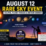 August 12 Rare Sky Event showing a planet parade, Perseid meteor shower, and partial solar eclipse in a dramatic night sky.