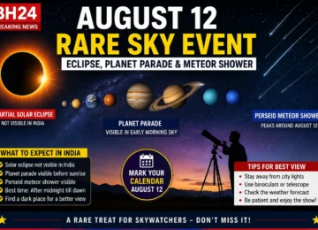 August 12 Rare Sky Event showing a planet parade, Perseid meteor shower, and partial solar eclipse in a dramatic night sky.